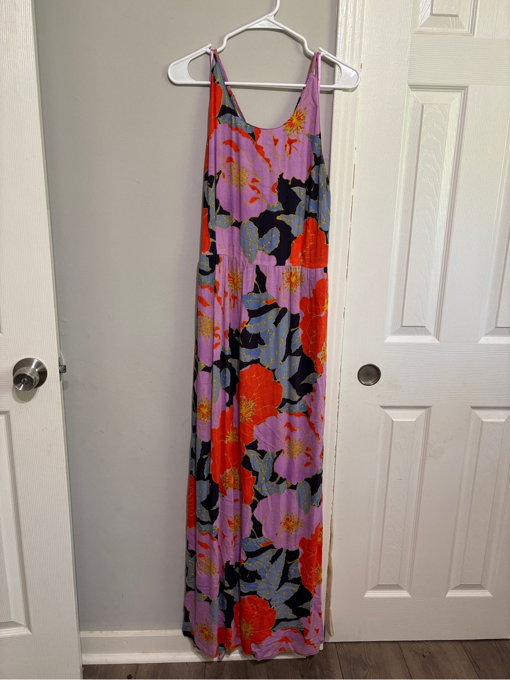 Loft Floral Purple Orange Strappy Back Maxi Dress 14 Large